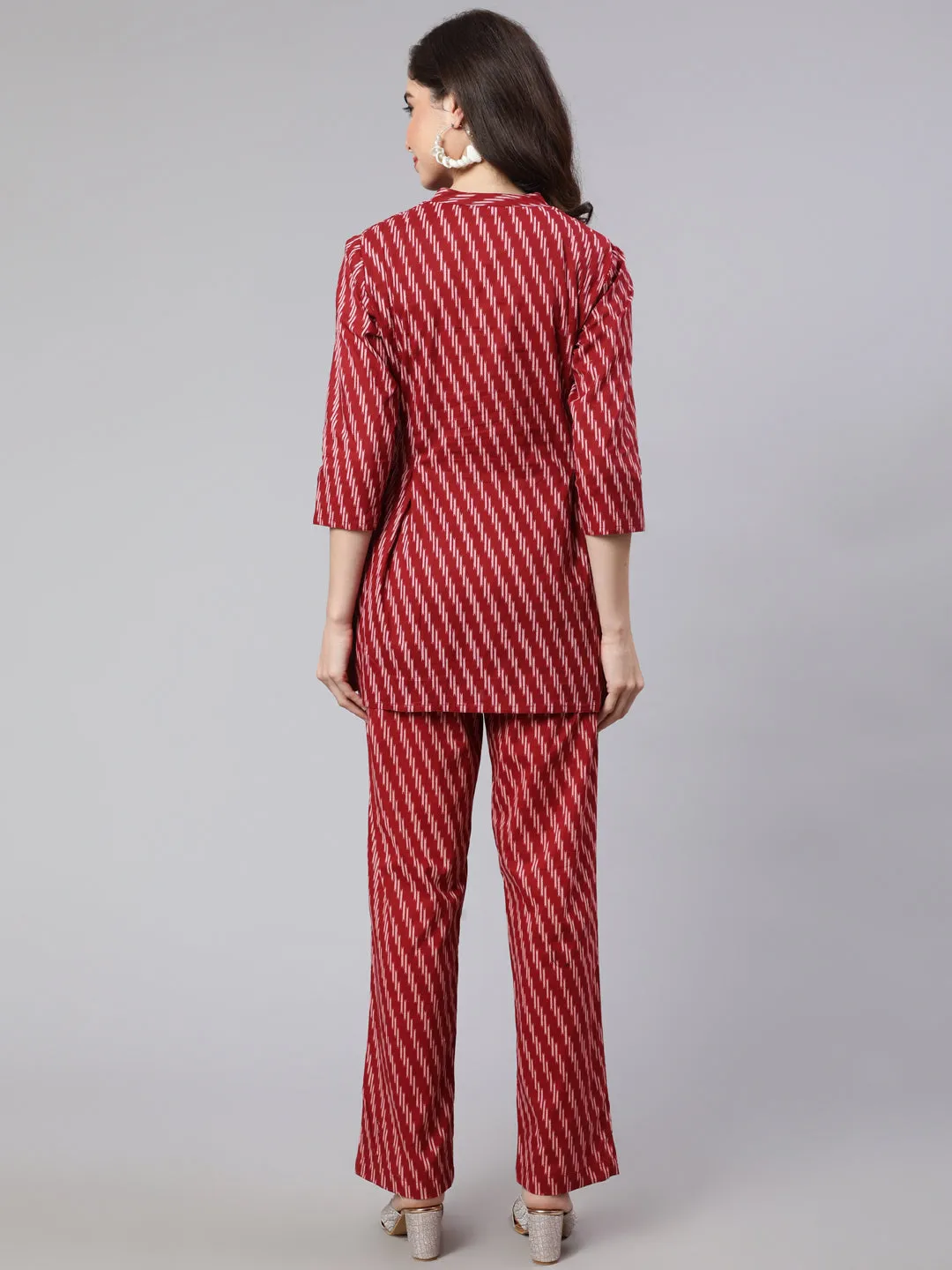 Maroon Printed Pleated Top with Printed Pant Co-Ord Set