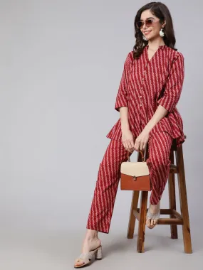 Maroon Printed Pleated Top with Printed Pant Co-Ord Set