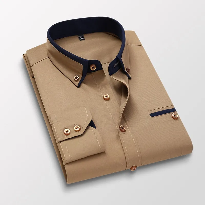 Men Shirt Long Sleeve Twill Solid Striped Slim Fit Dress Shirts