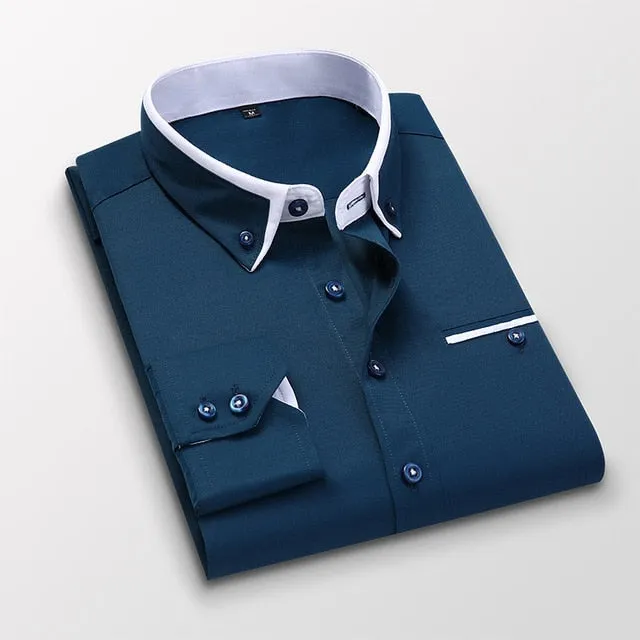 Men Shirt Long Sleeve Twill Solid Striped Slim Fit Dress Shirts