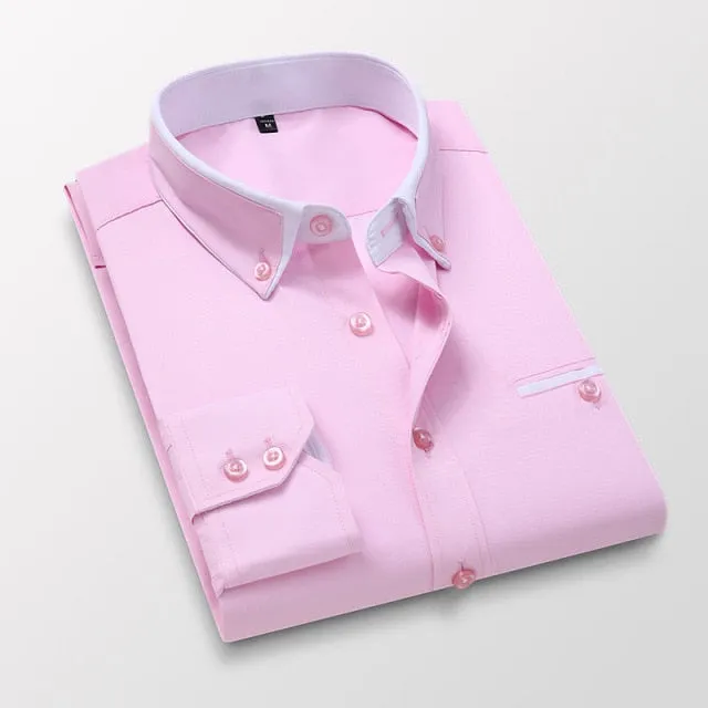 Men Shirt Long Sleeve Twill Solid Striped Slim Fit Dress Shirts