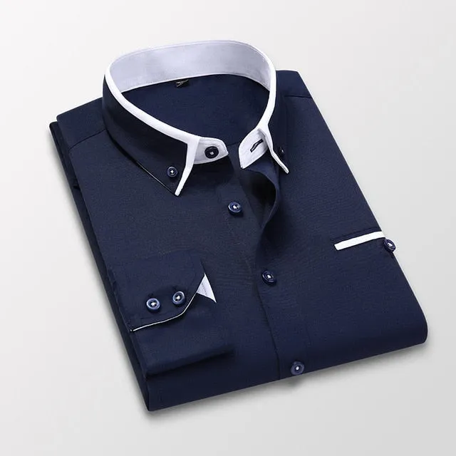 Men Shirt Long Sleeve Twill Solid Striped Slim Fit Dress Shirts