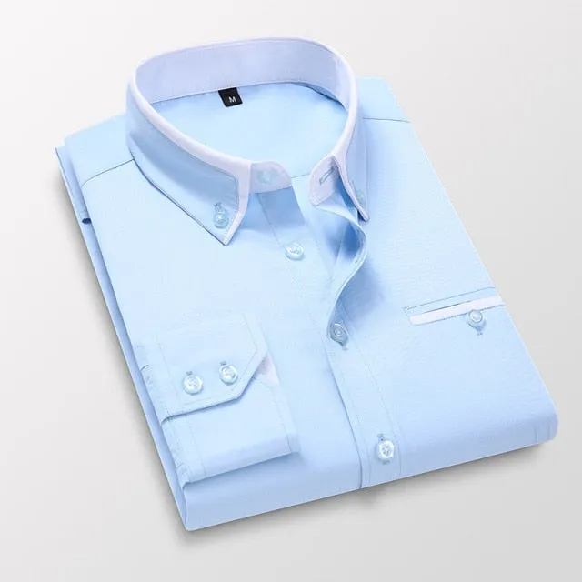 Men Shirt Long Sleeve Twill Solid Striped Slim Fit Dress Shirts