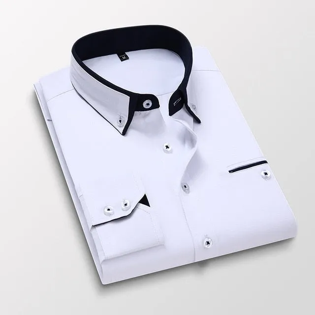 Men Shirt Long Sleeve Twill Solid Striped Slim Fit Dress Shirts