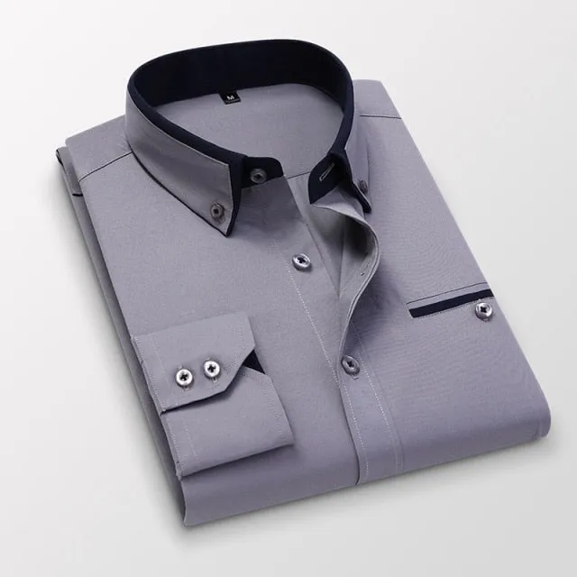 Men Shirt Long Sleeve Twill Solid Striped Slim Fit Dress Shirts