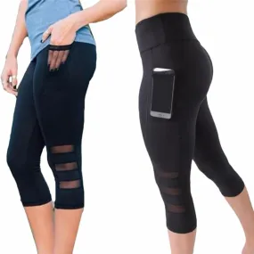 Mesh High Waist Three-Quarter Leggings with Pockets