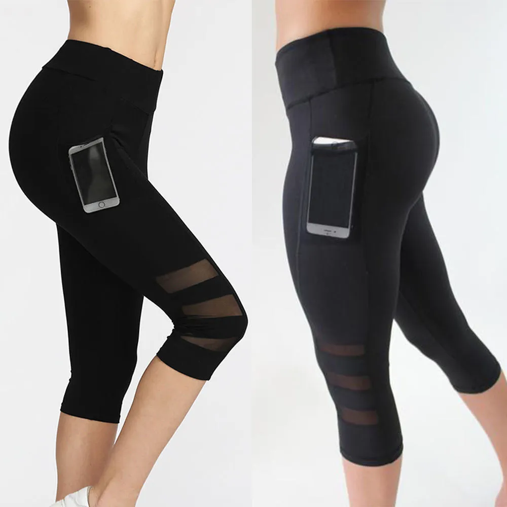 Mesh High Waist Three-Quarter Leggings with Pockets
