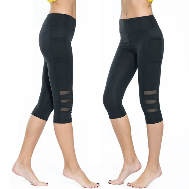 Mesh High Waist Three-Quarter Leggings with Pockets