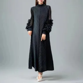 Middle East Plate Flower Loose Plus Size Pleated Extended Dress Oganza Long Sleeve Maxi Dress for Occasional events