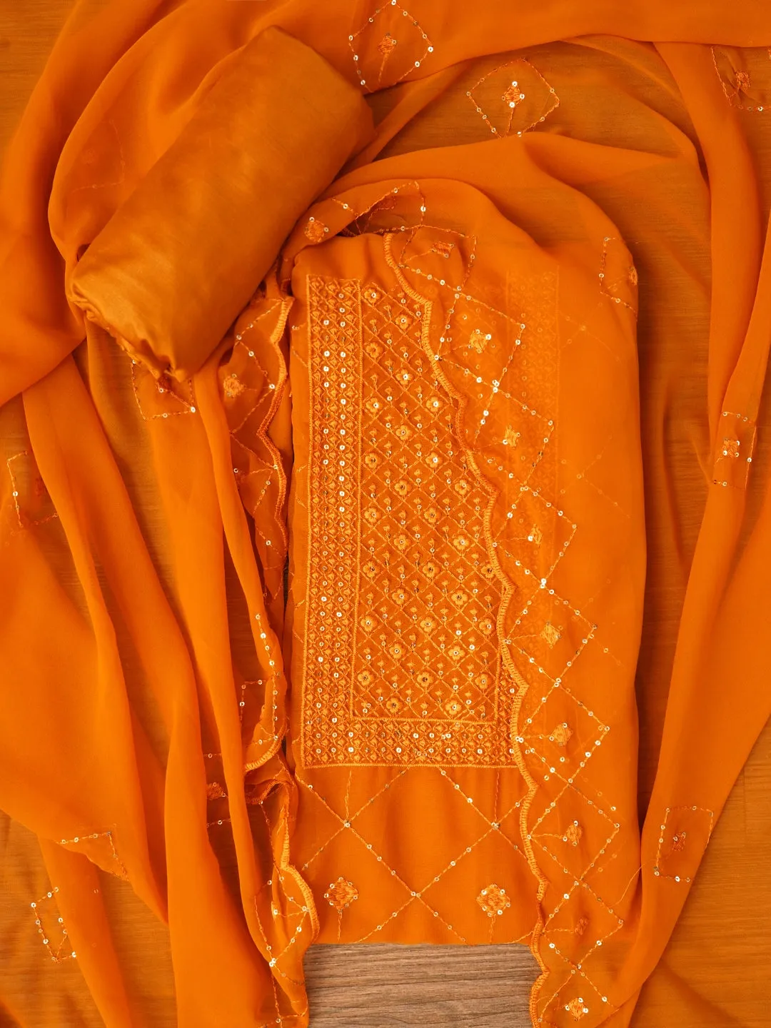 Mustard Embroidered Silk Georgette Dress Material with Dupatta