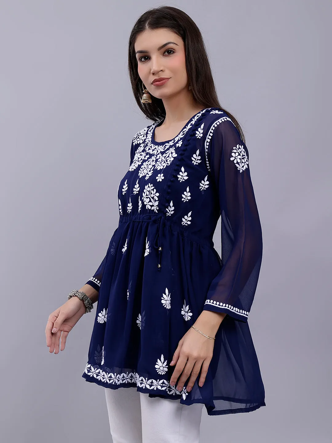 Navy Blue Georgette Angarkha Chikankari Tunic With Slip