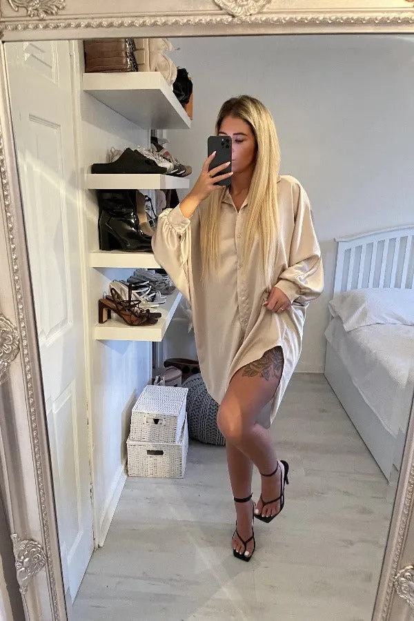 OVERSIZED BUTTON DOWN BEIGE CLASSIC SATIN SHIRT DRESS