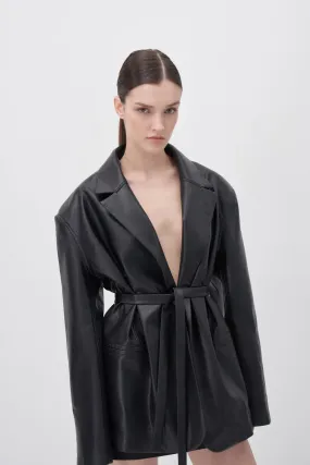 Oversized Leather Jacket with Belt Detail