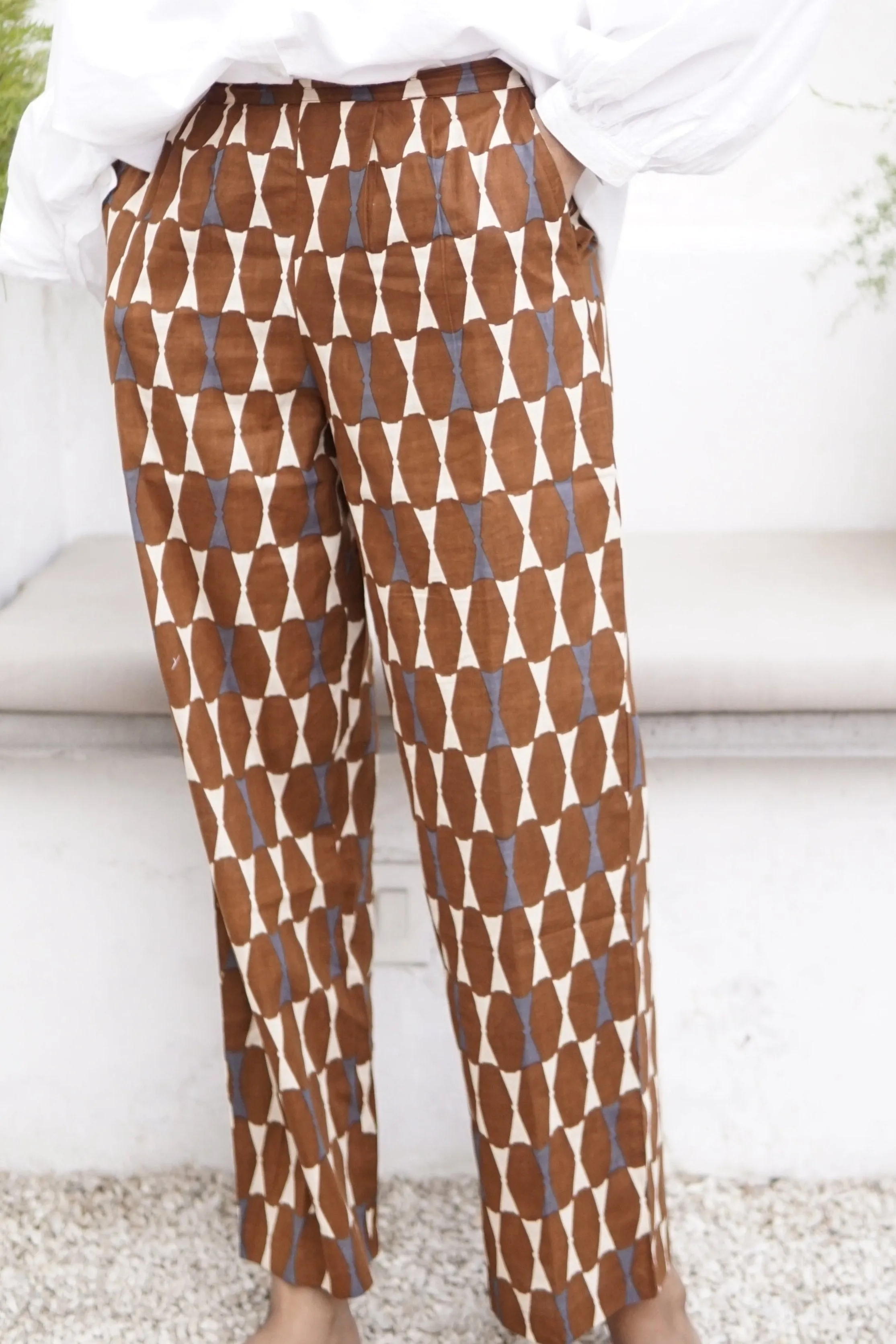 Pants, cotton summer pants with pockets, tan coloured block print cotton trousers with pockets