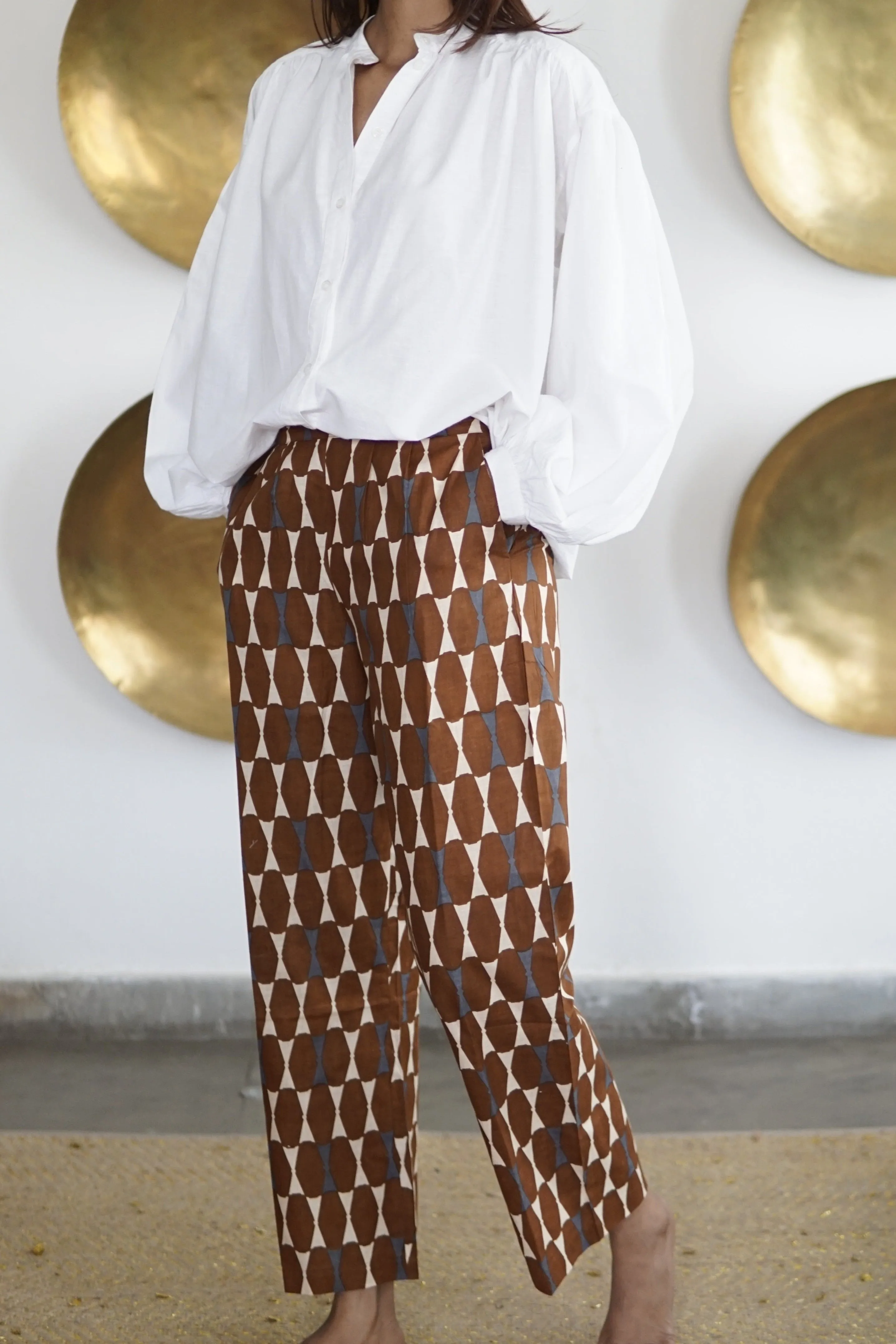 Pants, cotton summer pants with pockets, tan coloured block print cotton trousers with pockets