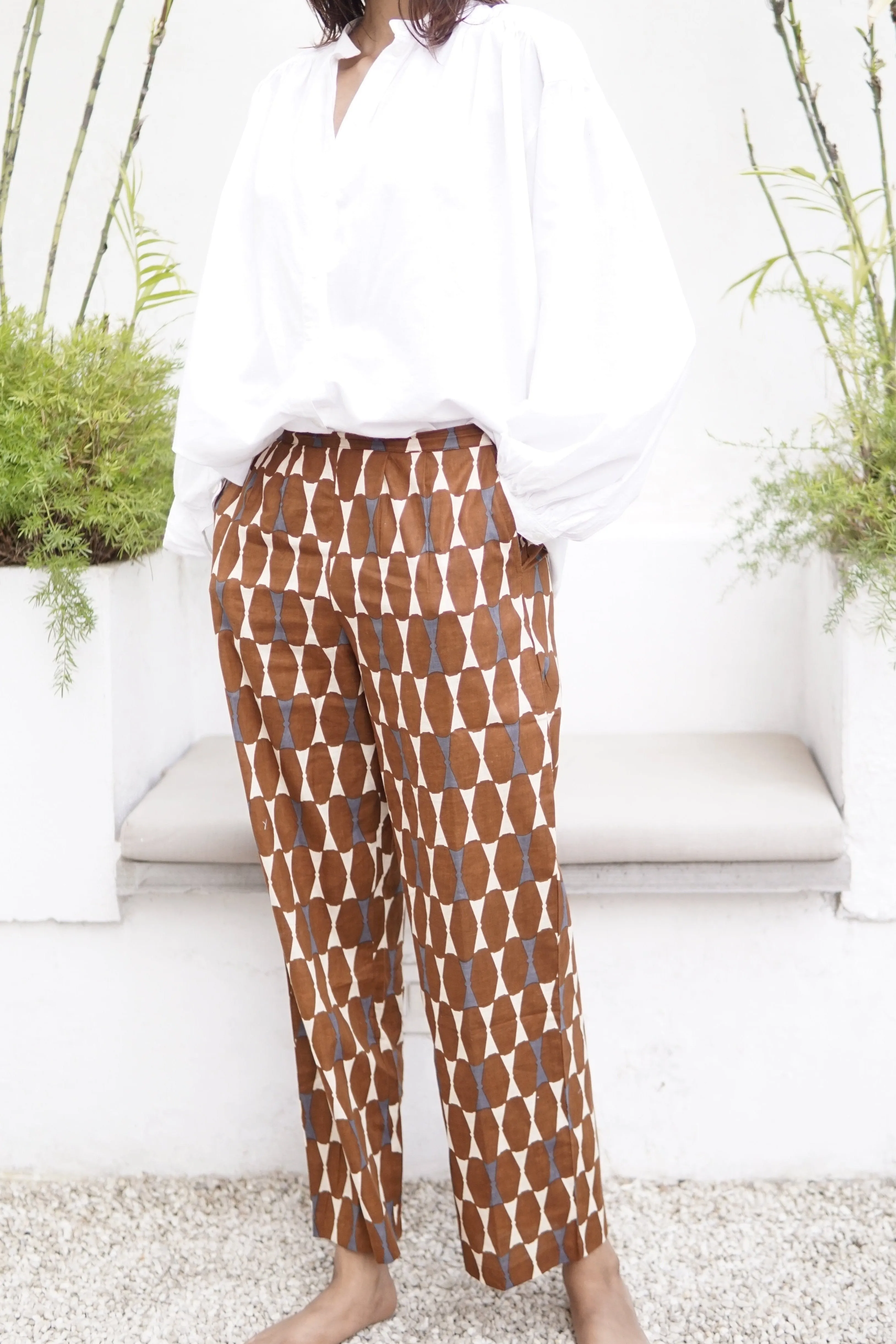 Pants, cotton summer pants with pockets, tan coloured block print cotton trousers with pockets
