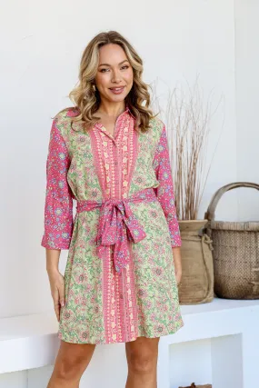 Parisian Ditsy Shirt Dress - Soft Green/Pink
