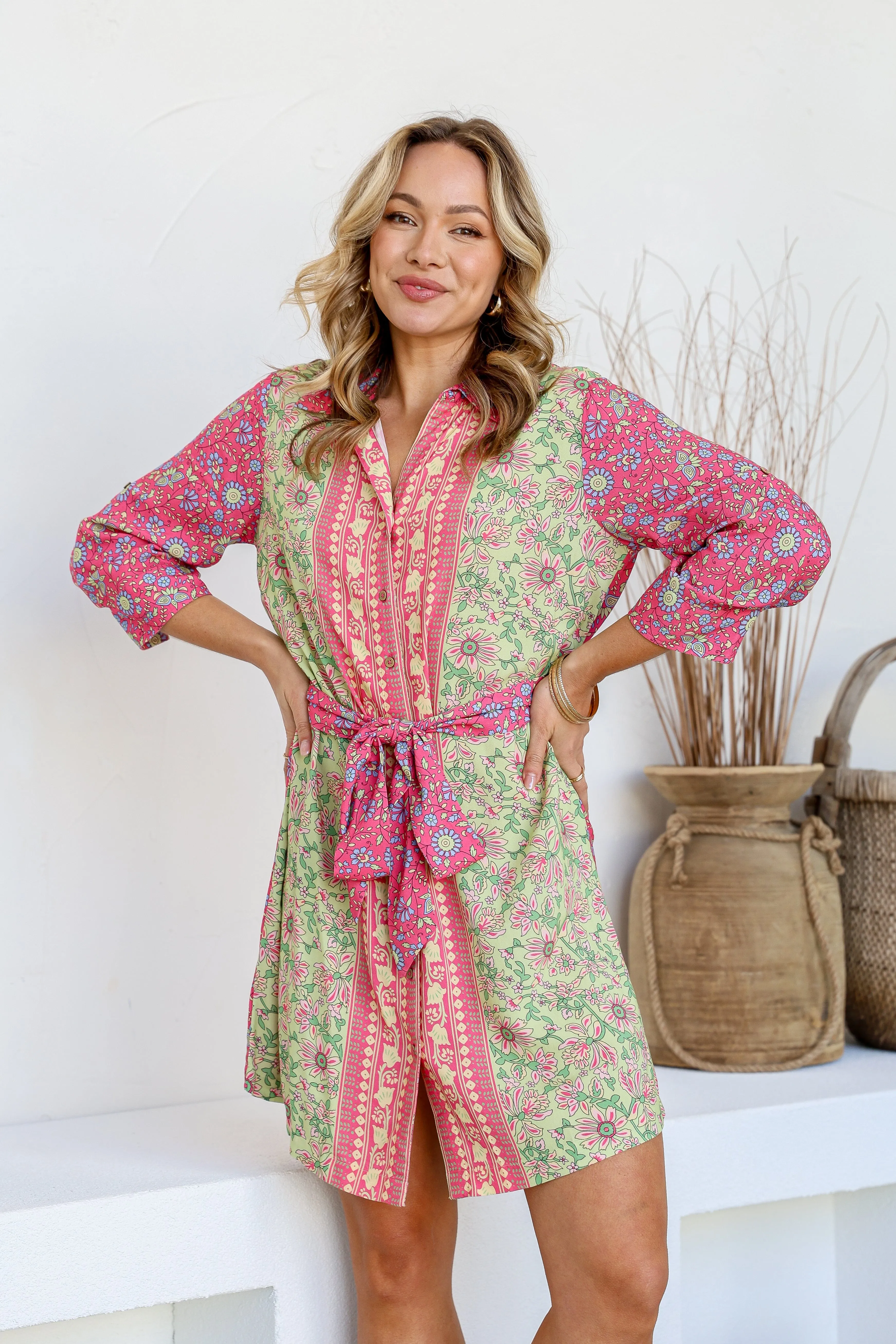 Parisian Ditsy Shirt Dress - Soft Green/Pink