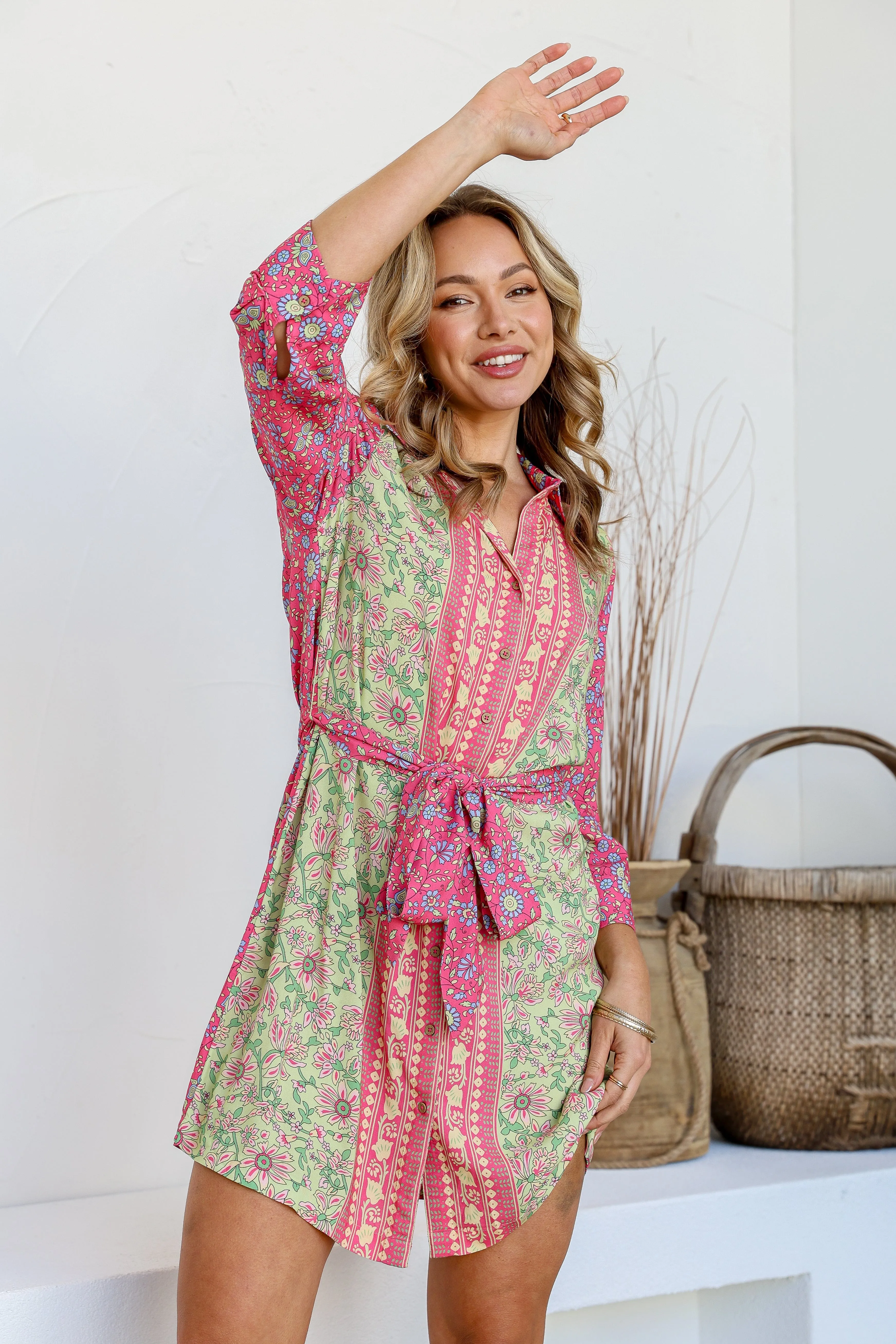 Parisian Ditsy Shirt Dress - Soft Green/Pink