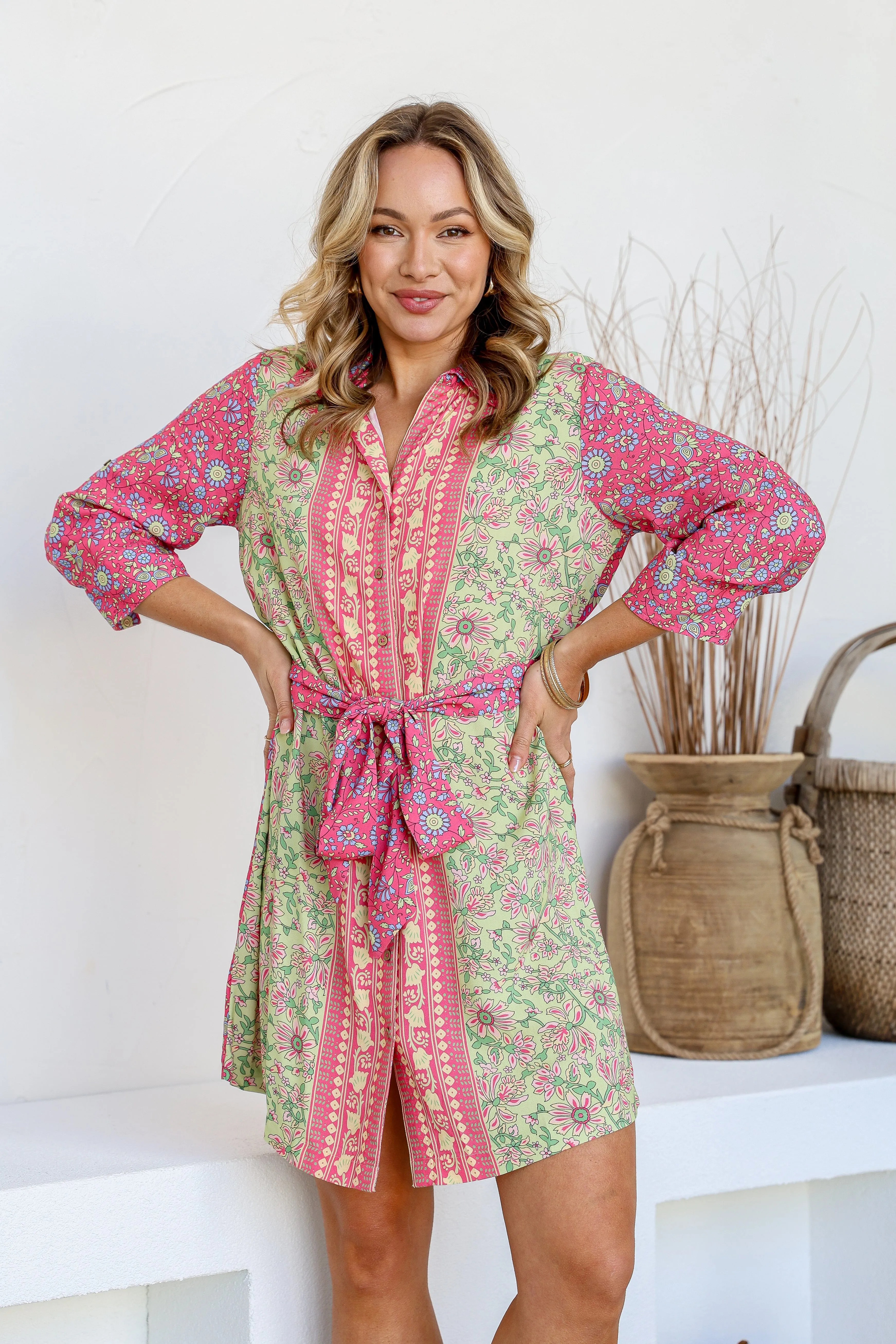 Parisian Ditsy Shirt Dress - Soft Green/Pink