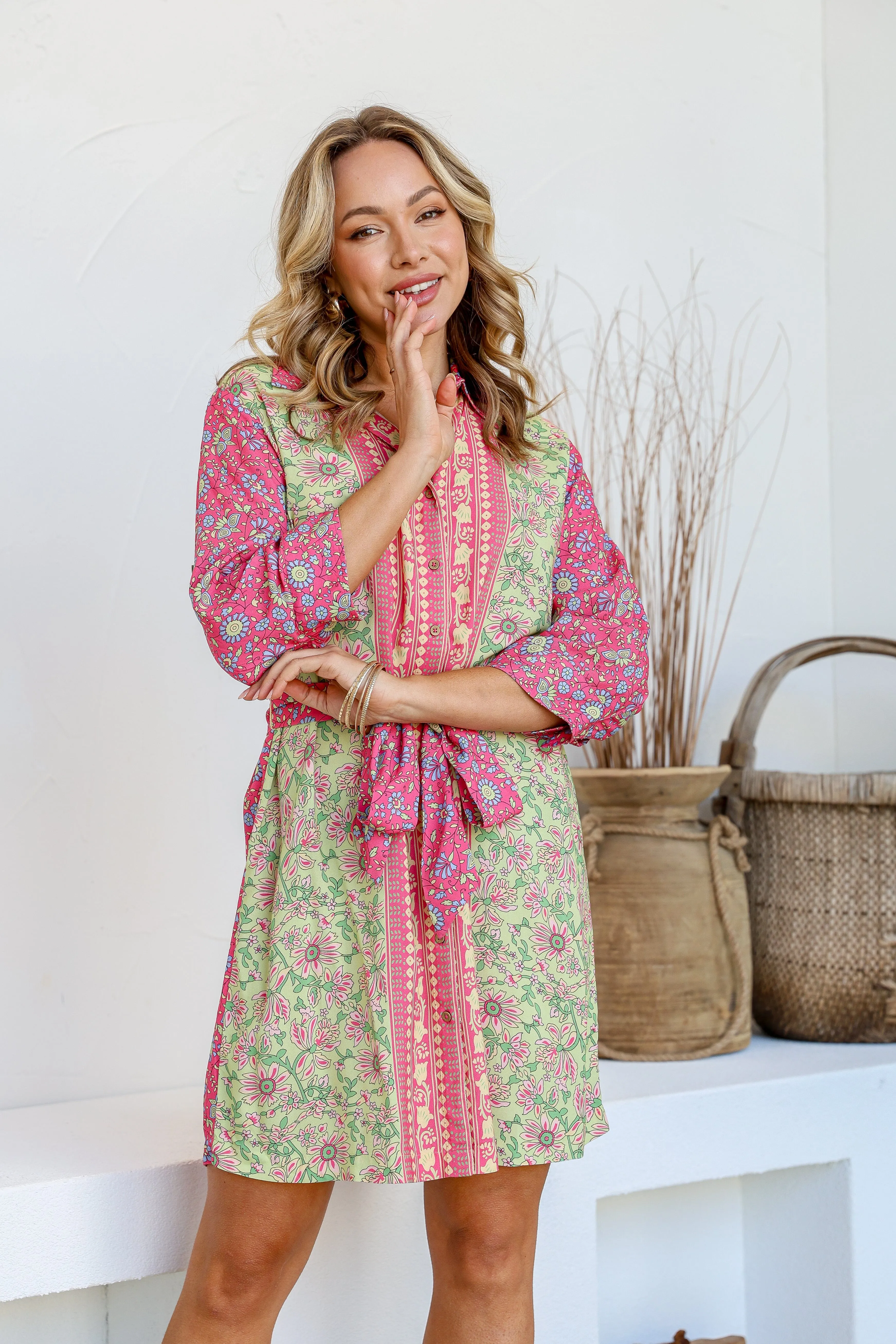 Parisian Ditsy Shirt Dress - Soft Green/Pink