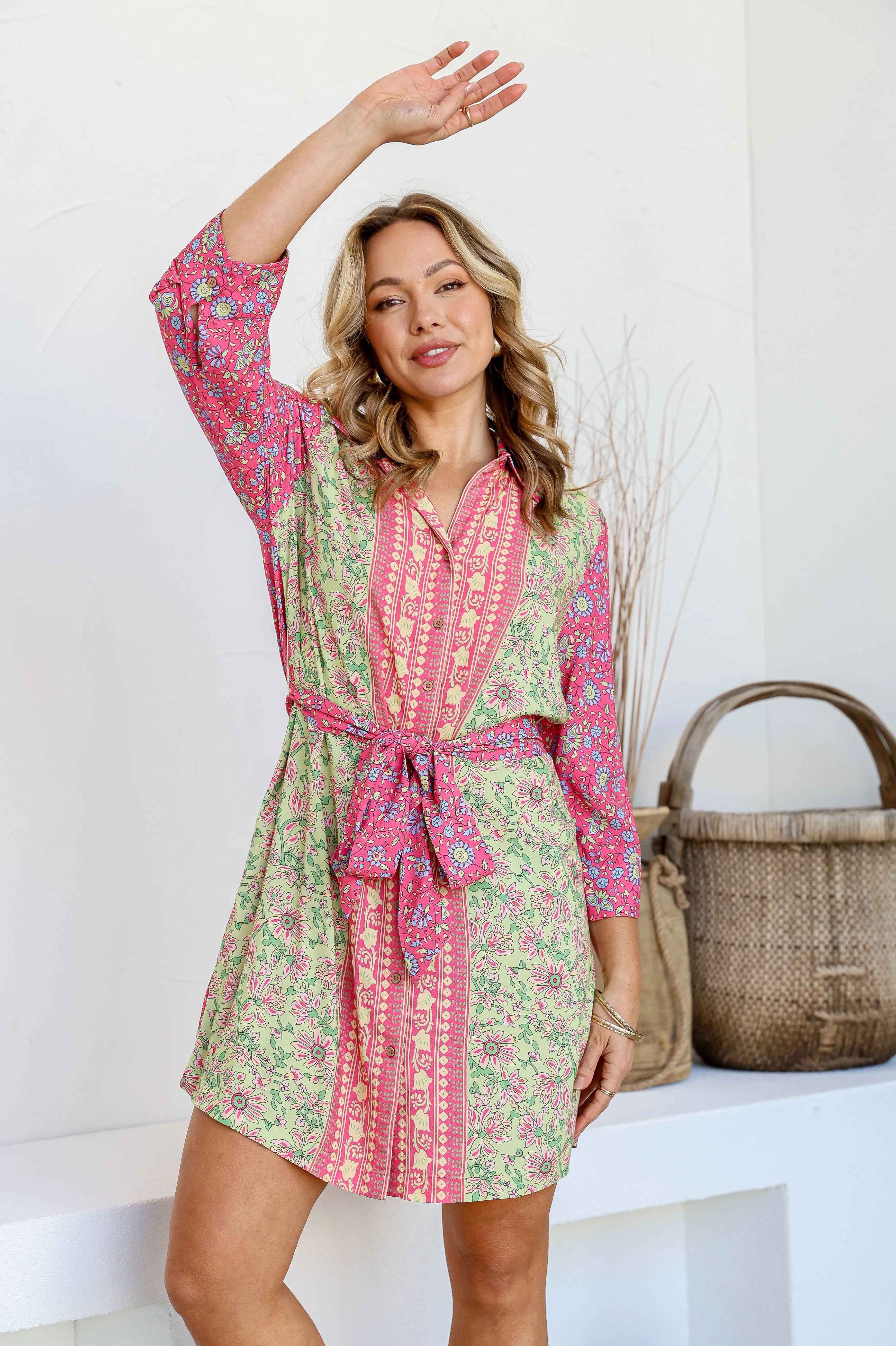 Parisian Ditsy Shirt Dress - Soft Green/Pink