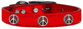 Peace Sign Widget Genuine Metallic Leather Dog Collar Red 18