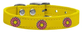Pink Daisy Widget Genuine Leather Dog Collar Yellow 14