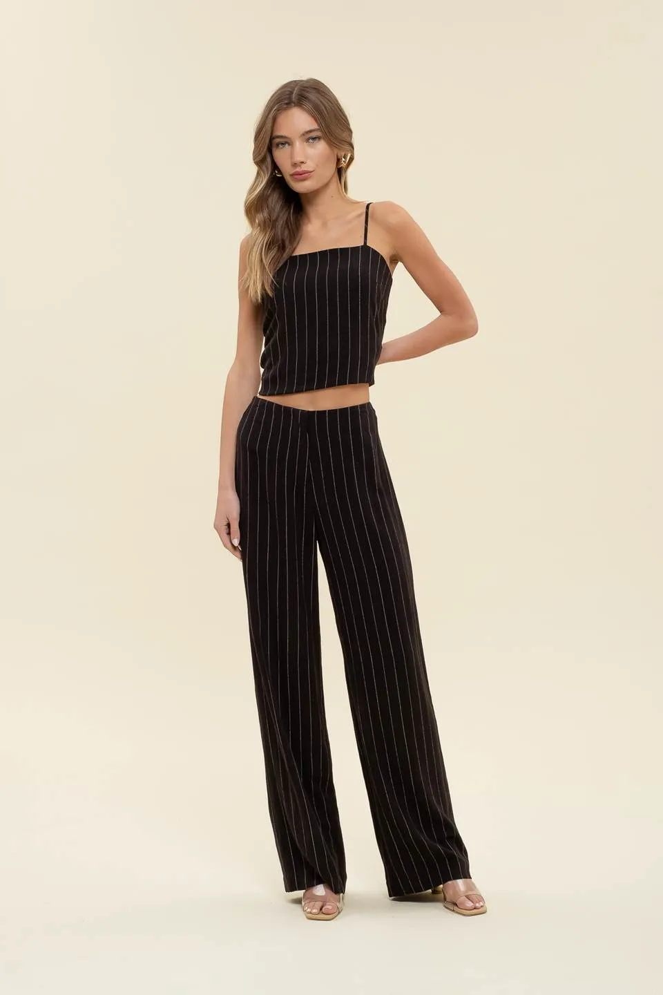 PINSTRIPE WIDE LEG LINEN DRESS PANTS