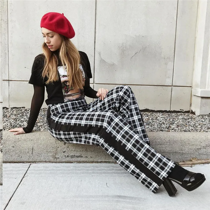 Plaid Patchwork High Waist Wide-leg Long Pants