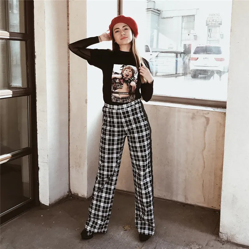 Plaid Patchwork High Waist Wide-leg Long Pants