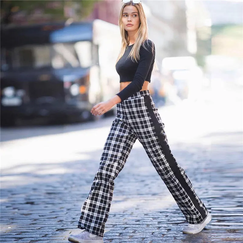 Plaid Patchwork High Waist Wide-leg Long Pants