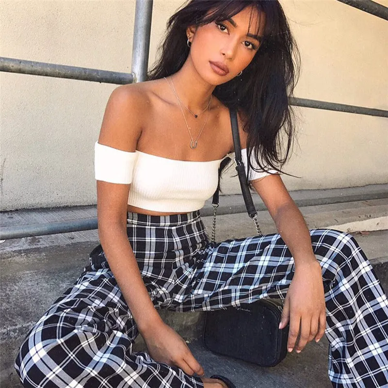 Plaid Patchwork High Waist Wide-leg Long Pants
