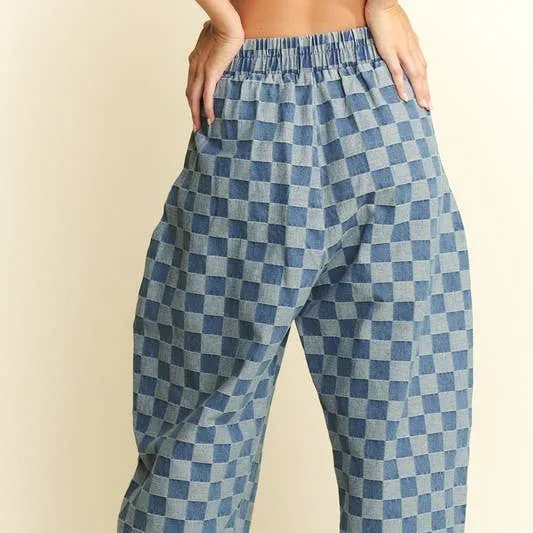 Pleated Checkered High-Waist Barrel Pants