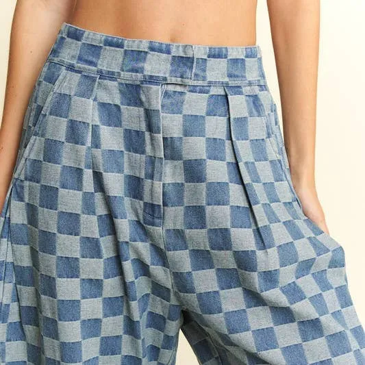 Pleated Checkered High-Waist Barrel Pants