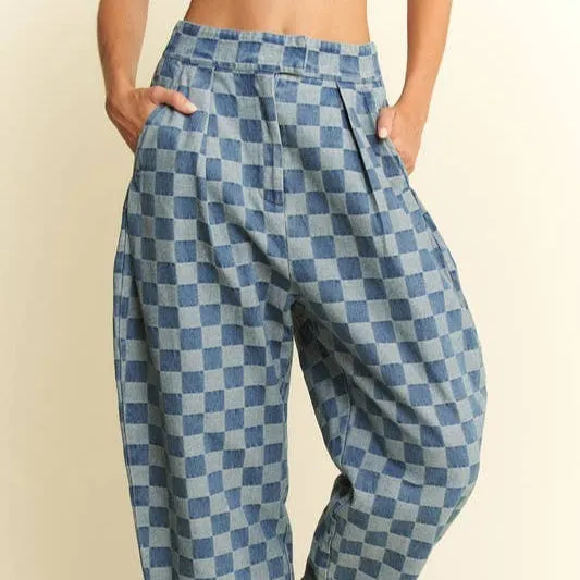 Pleated Checkered High-Waist Barrel Pants