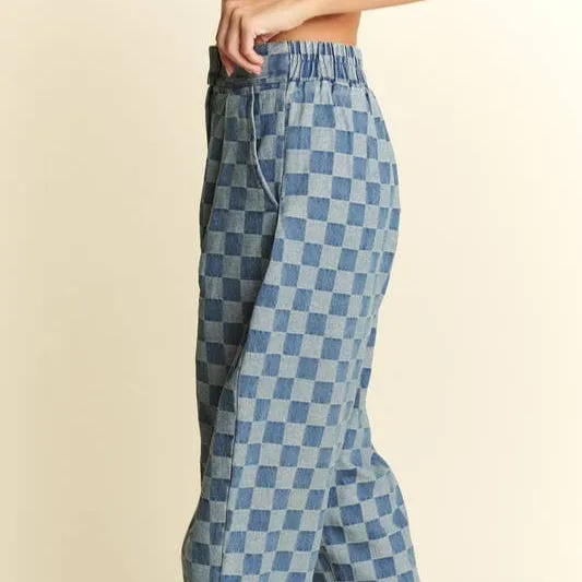 Pleated Checkered High-Waist Barrel Pants