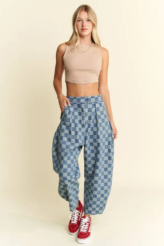 Pleated Checkered High-Waist Barrel Pants