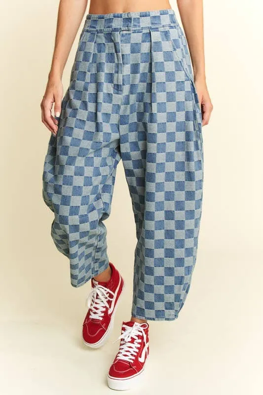 Pleated Checkered High-Waist Barrel Pants
