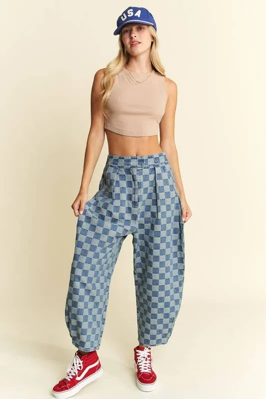 Pleated Checkered High-Waist Barrel Pants