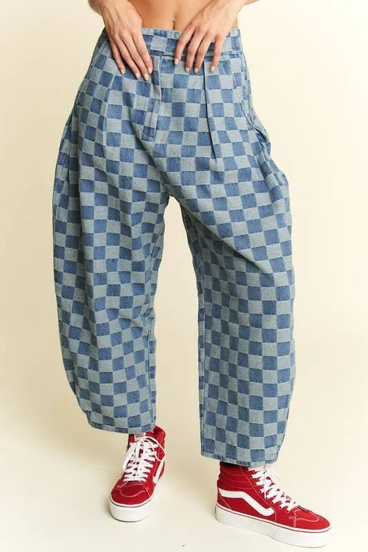 Pleated Checkered High-Waist Barrel Pants