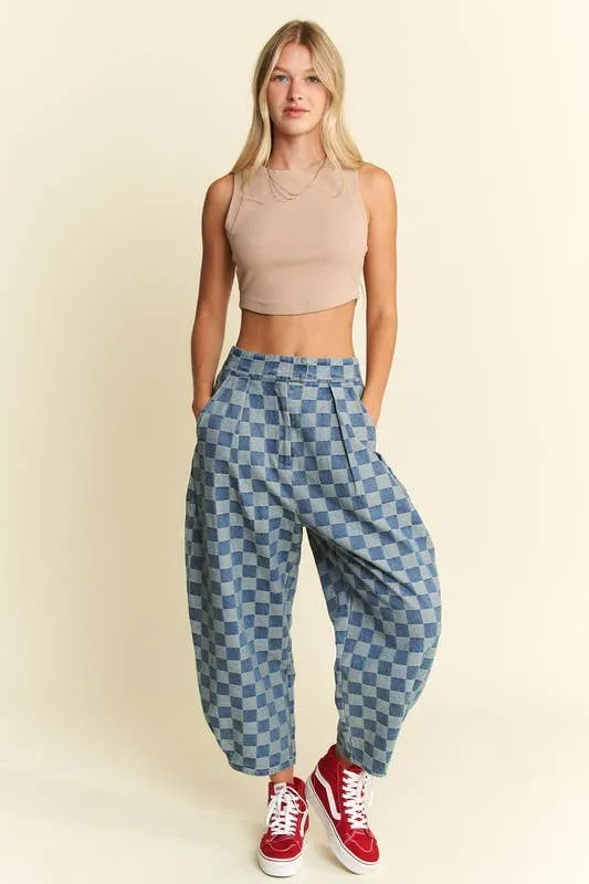 Pleated Checkered High-Waist Barrel Pants