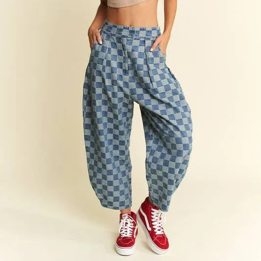 Pleated Checkered High-Waist Barrel Pants