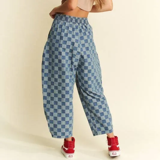 Pleated Checkered High-Waist Barrel Pants