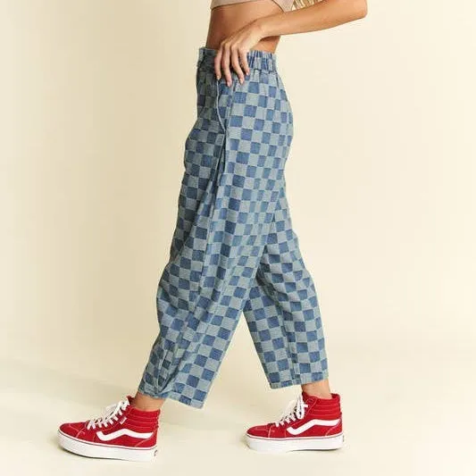Pleated Checkered High-Waist Barrel Pants
