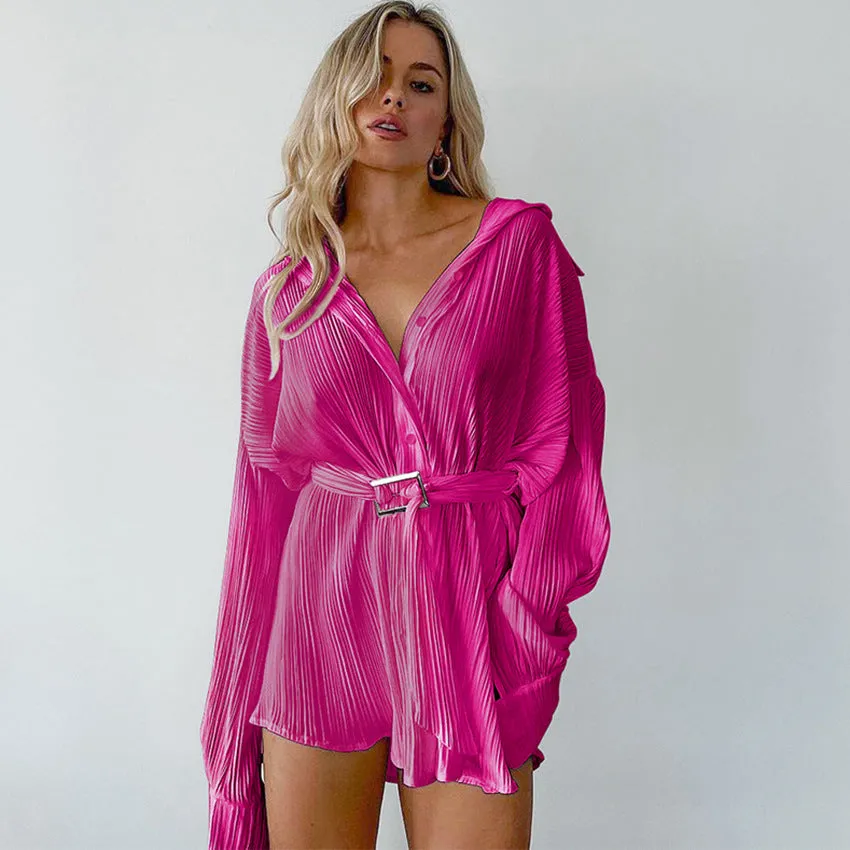Pleated Slim Waist Long Sleeve Shirt Casual Dress