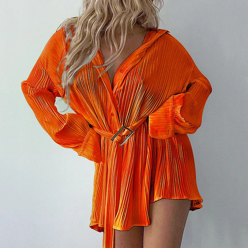 Pleated Slim Waist Long Sleeve Shirt Casual Dress