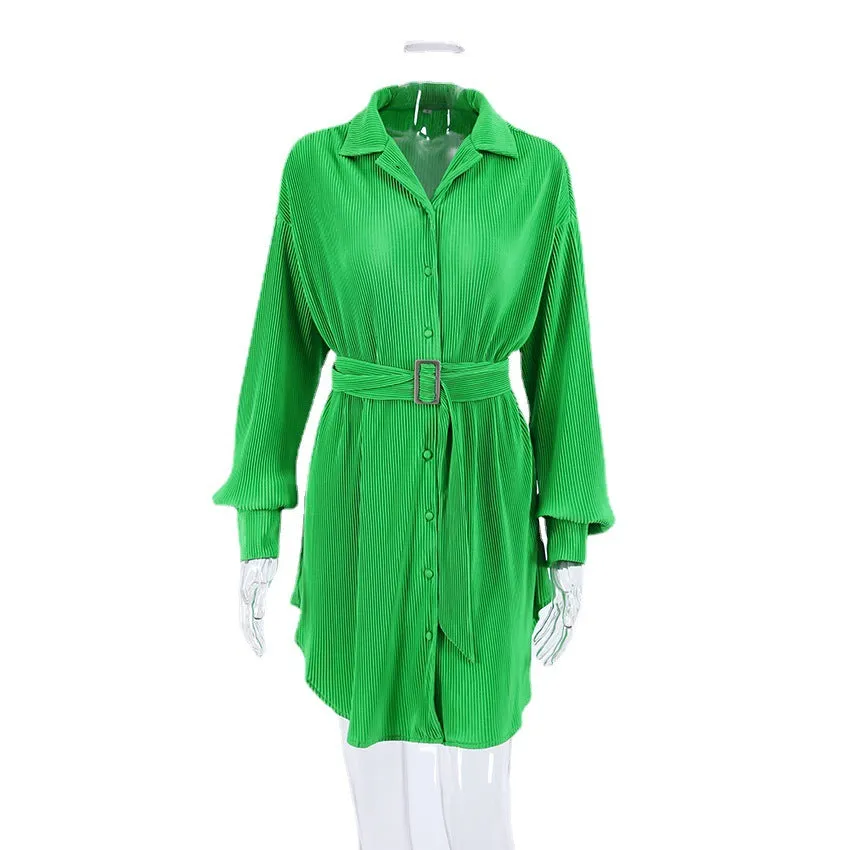 Pleated Slim Waist Long Sleeve Shirt Casual Dress