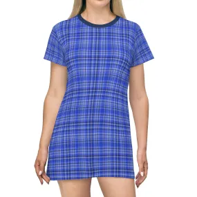 Preppy Blue Plaid T-shirt Dress, Best Plaid Tartan Print Designer Crew Neck Long T-shirt Dress-Made in USA