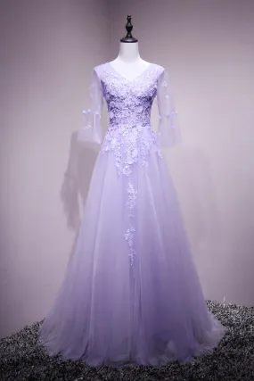 Purple Tulle Flower And Lace Short Sleeves Tulle Long Formal Dress,a-line Lavender Party Dress Prom Dress   fg4486